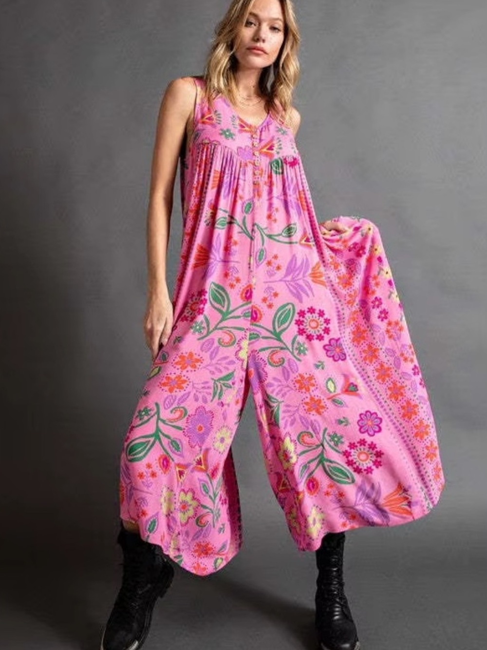 Easel Pink Crinkly Floral Print Sleeveless Wide Leg Jumpsuit Boho Hippie M